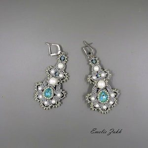 Macrame work jewelry Wedding swarovski chandelier earrings   Swarovski turquoise cabochon - white pearls macrame earrings  Macrame weaving