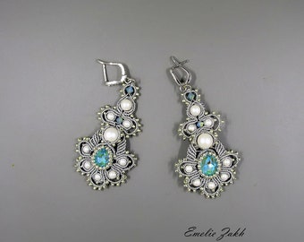 Macrame work jewelry Wedding swarovski chandelier earrings   Swarovski turquoise cabochon - white pearls macrame earrings  Macrame weaving