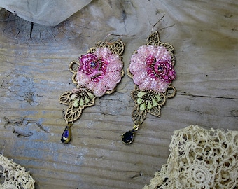 Bead embroidery earrings Marie Antoinette lace earrings Boho statement earrings Flower beading crystal Baroque style chandelier earrings