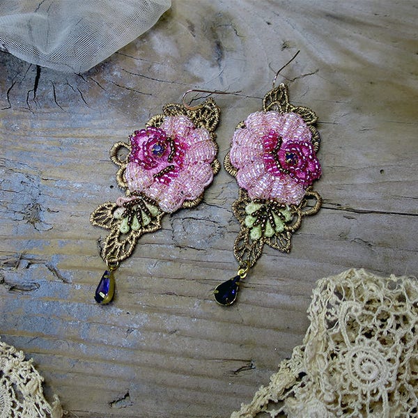 Bead embroidery earrings Marie Antoinette lace earrings Boho statement earrings Flower beading crystal Baroque style chandelier earrings