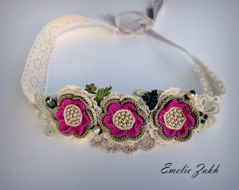 Headband jewelry hair crochet,pink flowers hair accessory Boho crochet headband, hair jewelry headband. Hair accessories  bandage.