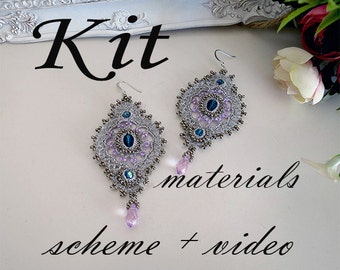 Kit Earrings crochet tutorial( materials +scheme + video) - Silver Thread Chandelier  long earrings pattern - Crochet  lace jewelry making