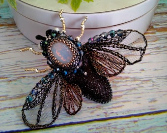 Beetle black gray silver Insect Brooch Pin Beetle with Beaded Wings Nature Jewelry Accessories Embroidery High Fashion