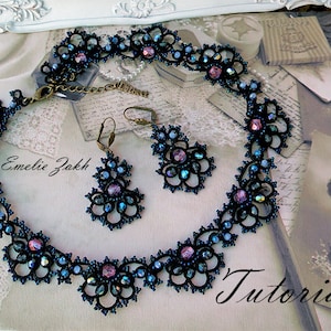 Tatting pattern black lace necklace earring Frivolite tutorial jewelry Filigree jewelry Beaded instruction tatting  beading necklae earrings