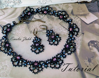 Tatting Pattern: Black Lace Necklace & Earrings, Frivolite Tutorial (PDF)