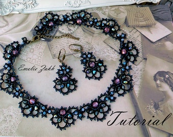 Tatting pattern black lace necklace earring Frivolite tutorial jewelry Filigree jewelry Beaded instruction tatting  beading necklae earrings