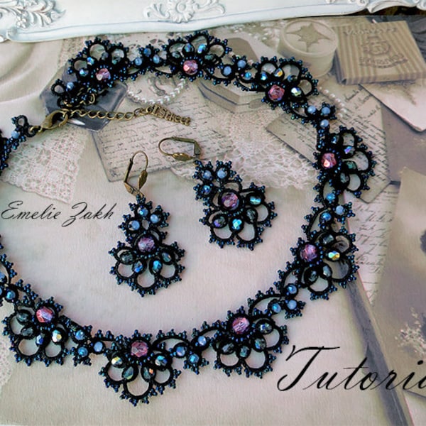 Tatting pattern black lace necklace earring Frivolite tutorial jewelry Filigree jewelry Beaded instruction tatting  beading necklae earrings