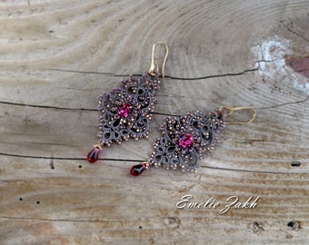 Tatting dark pink lace chandelier earrings - Long frivolite earrings- Tatting jewelry- Victorian style  Swarovski crystal Gold Filled  14 K