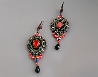 Chandelier crystal beaded earrings - Braided red cabochon  earrings -  Beading multicolor earrings - Beaded crystal jewelry