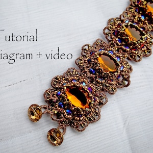 May include: A brown beaded bracelet with a floral design and oval-shaped amber gemstones. The bracelet is on a white surface. The text "Tutorial diagram + video" is visible in the image.