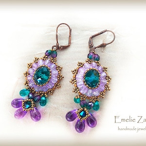 Beading tutorial earrings Crystal earrings pattern earrings purple emerald earrings beading tutorial  earrings instruction long earrings