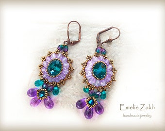 Beading tutorial earrings Crystal earrings pattern earrings purple emerald earrings beading tutorial  earrings instruction long earrings