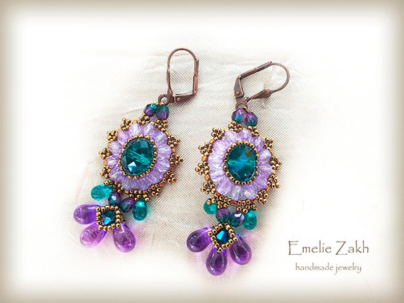 Beading tutorial earrings Crystal earrings pattern earrings purple emerald earrings beading tutorial earrings instruction long earrings image 1