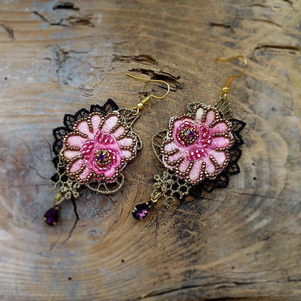 Bead embroidery lace earrings Baroque Marie Antoinette style earrigs Flower beading crystal chandelier earrings Beaded jewelry