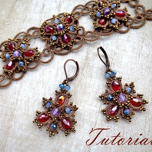 Tatting pattern earrings bracelet Frivolite tutorial jewelry Lace filigree jewelry Beaded instruction tatting  beading earrings