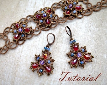 Tatting pattern earrings bracelet Frivolite tutorial jewelry Lace filigree jewelry Beaded instruction tatting  beading earrings