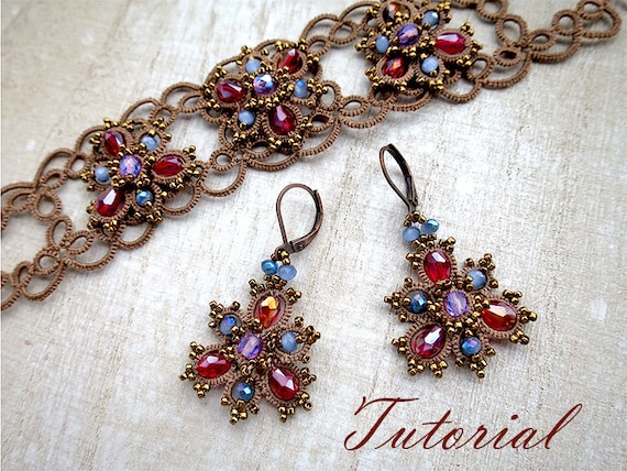 Tatting Pattern Earrings Bracelet Frivolite Tutorial Jewelry Lace Filigree Jewelry Beaded Instruction Tatting Beading Earrings - 