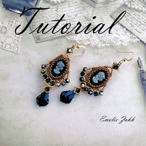 Earrings Beading tutorial Beaded pattern earrings Black cameo cabochon earrings Instructions making jewelry Swarivski earrings image 1