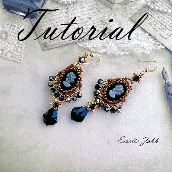 Earrings Beading tutorial - Beaded pattern earrings - Black cameo cabochon earrings -  Instructions making jewelry - Swarivski earrings