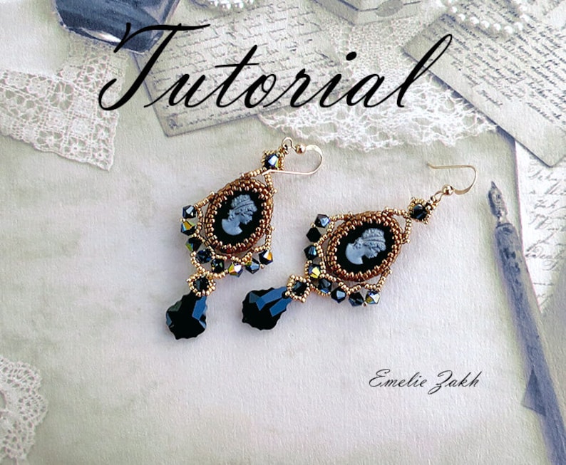 Earrings Beading tutorial Beaded pattern earrings Black cameo cabochon earrings Instructions making jewelry Swarivski earrings image 1