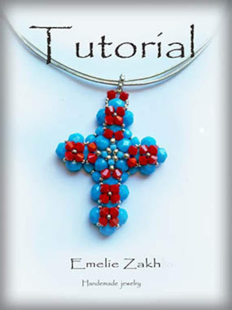 Beading tutorial pendant cross Pattern beaded jewelry PDF file containing instructions for making the Crystal blue red Cross Pendant image 1