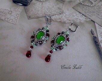 Green opal beaded earrings - silver 925 - Braided cabochon  earrings - Beading  wedding Earrings - beaded jewelry - Green opal red earrings