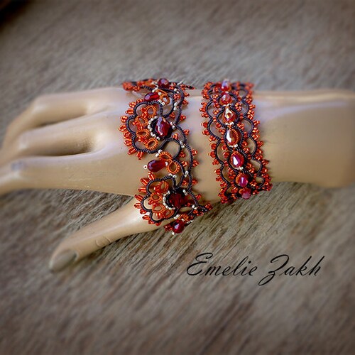 Lace tatting kit bracelet earring Frivolite Filigree jewelry shops Beaded fine lace jewelry Red Orange beads .