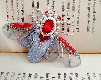 Beetle  white red Insect Brooch Pin Beetle with Beaded Wings Nature Jewelry Accessories Embroidery High Fashion