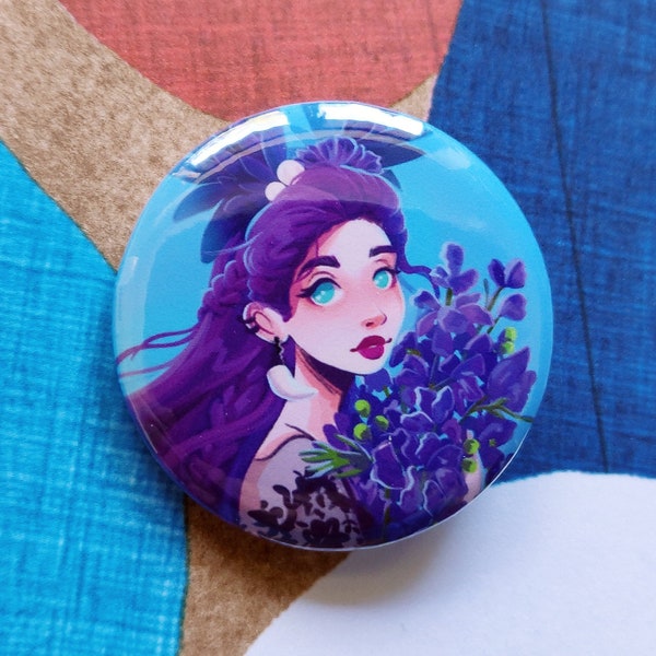 Aconitum Badge - 32mm, 1.25inch Buttons - Floral Pins - Illustrative Badges - Floral Girl Art - Girl Badges - Wolfs Bane - Flower Badge