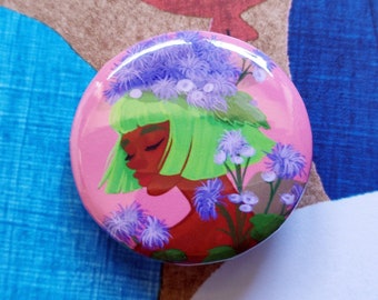 Ageratum Badge - 32mm, 1.25inch Buttons - Floral Pins - Illustrative Badges - Floral Girl Art - Girl Badges