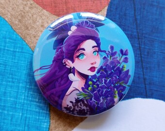 Aconitum Badge - 32mm, 1.25inch Buttons - Floral Pins - Illustrative Badges - Floral Girl Art - Girl Badges - Wolfs Bane - Flower Badge