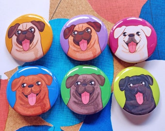 Pug Single Badges - 32mm, 1.25inch Buttons - Fawn Pug - Apricot Pug - Chocolate Pug - Silver Pug - White Pug - Dog Badges - Pug Lover Gift