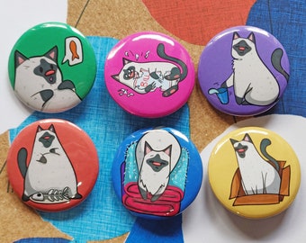 Siamese Cat Single Badge OR Set - 32mm, 1.25inch Buttons - Bad Cat Badges - Cat Life Buttons - Chonky Cat - Cute Kitty Badges - Kawaii Cats