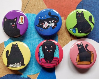 Black Cat Single Badge OR Set - 32mm, 1.25inch Buttons - Halloween Cat Badges - Bombay Cat - Chonky Cat - Mandalay, Burmese Cute Cat Badges