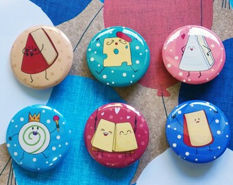 Cheese Single Badge OR Set - 32mm, 1.25inch Buttons - Brie, Gouda, Emmental, Roule, Edam, Cheddar - Set of Buttons OR Single