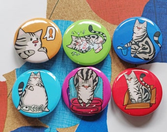 American Shorthair Cat Single Badge OR Set - 32mm, 1.25inch Buttons - Mackerel Tabby - Silver Tabby Cat - Chonky Cat - Tabby Cute Cat Badges