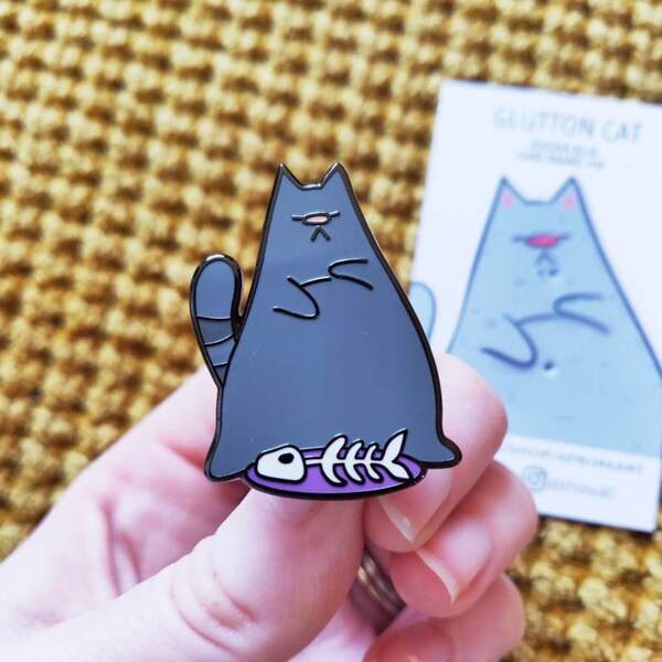 Glutton Cat Enamel Pin - Russe Blue Greedy Cat Enamel Pin - Lapel Pin - Lazy Cat Hard Enamel Pin - Cat Pins - Sleepy Cat Pin - Kitten Pin