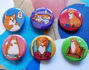 Ginger Cat Single Badge OR Set - 32mm, 1.25inch Buttons - Chonky Cat, Bill Shredder, Water Spiller, Glutton, Fur Spreader, Box Fiend