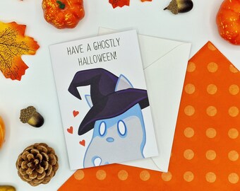 Have a Ghostly Halloween - Witchy Cat Card - Ghost Card - Cute Halloween Puns - Samhain - Occult - Wicca - Pagan