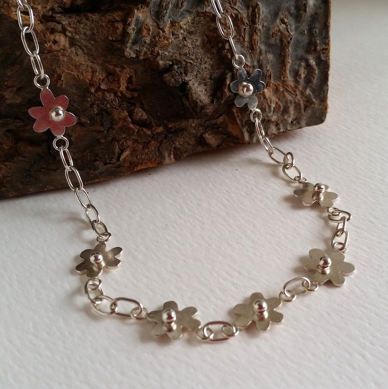 Flower Necklace sterling silver handmade chain jewellery ChaByDesign UK Designer