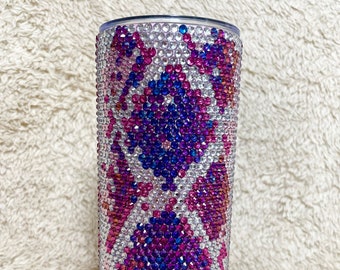 Pink and purple snakeskin - hand placed rhinestones - 20 ounce metal walled tumbler with plastic lid and metal straw - ready to ship