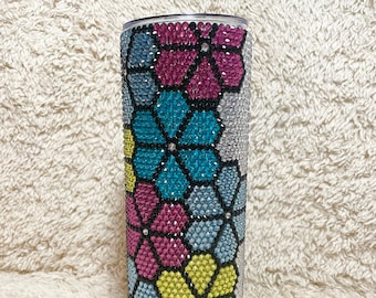 Spring Flowers - hand placed rhinestones - 20 ounce metal walled tumbler with plastic lid and metal straw - ready to ship