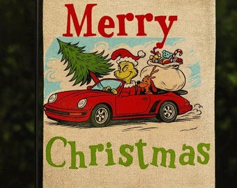 Grinch Style Porsche 911 Garden Flag, Burlap Christmas Decor, Car Guy Gift, Holiday Yard Art