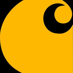 May include: A graphic logo featuring a yellow, stylized, half-circle shape with a black crescent moon shape in the upper right corner, set against a solid black background. The logo is simple and bold.