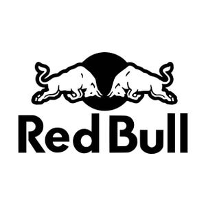 May include: Black and white Red Bull logo featuring two charging bulls facing each other, set against a black circle. The words "Red Bull" are printed in bold, black letters below the bulls.