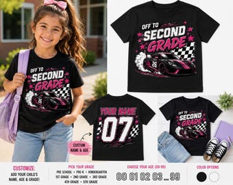 Personalized Girls Race Car Back to School Shirt | Off to Second Grade Tee | Custom Name & Age First Day of School Shirt