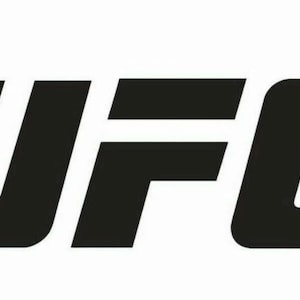 May include: The UFC logo, a bold black graphic on a white background. The letters "UFC" are prominently displayed in a sans-serif font, with each letter distinct and easily readable. The design is simple yet impactful, conveying a sense of strength and action.