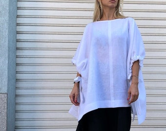 Oversized  Midi Sleeves Blouse / NEW Bohemian White Linen Top / Loose Extravagant Tunic - "Lady Luck"