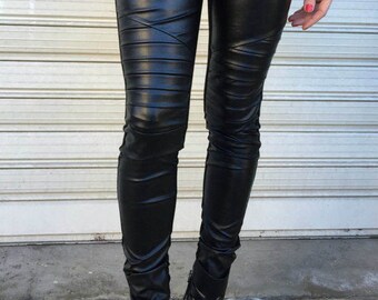 Women Eco Leather Pants / Long Stretchy Leggings / Skinny Leather Pants / Black Sexy Leather Pants  - "Fire Lady"