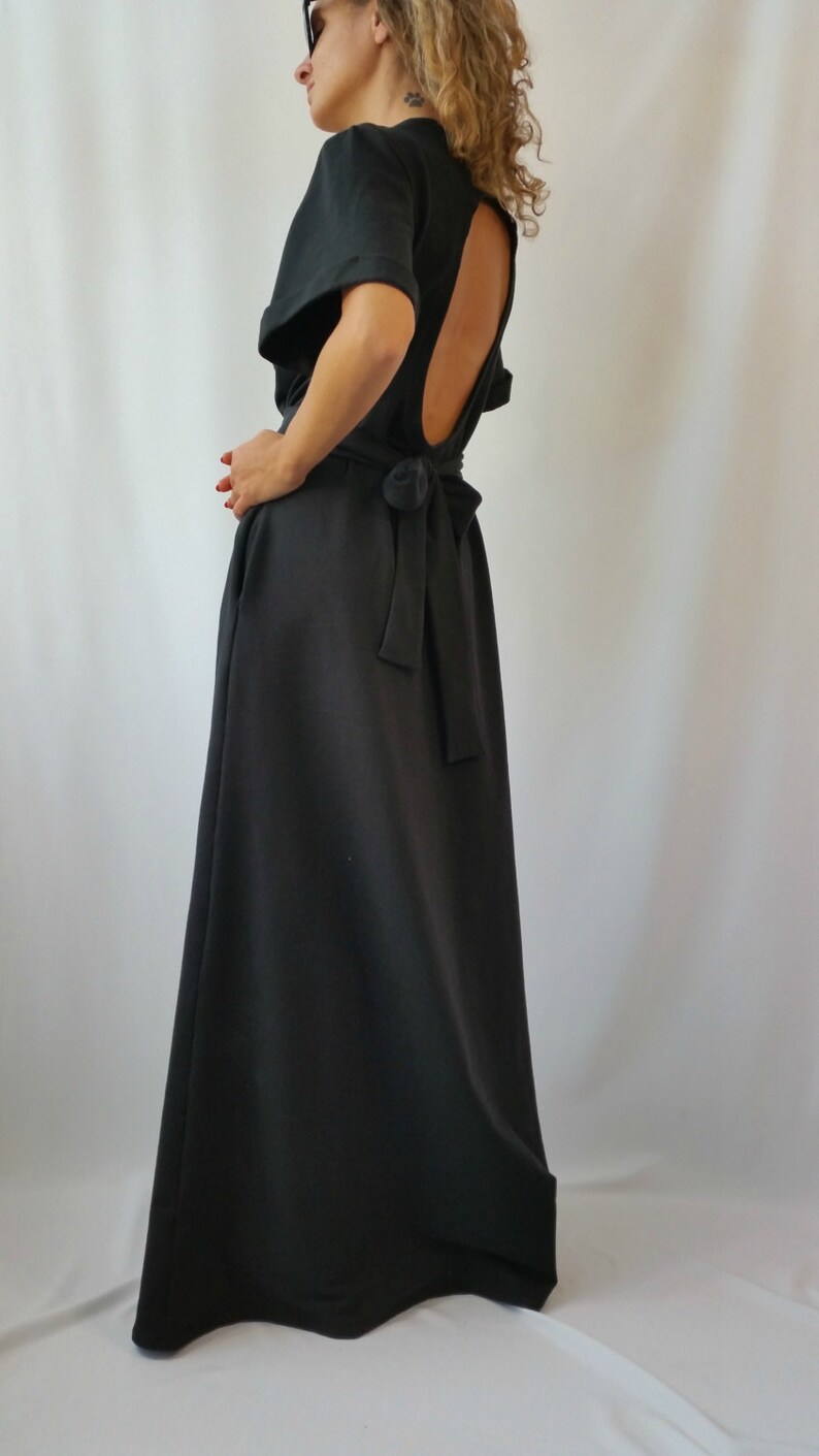 Black Maxi Dress / Short Sleeves Open Back Dress / Black - Etsy